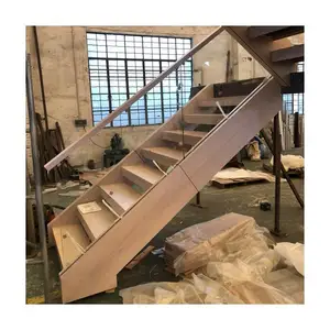 Double Side Stringer With White Oak Veneer Wood Box Stair Treads Glass Railing Wood Stair Handrail