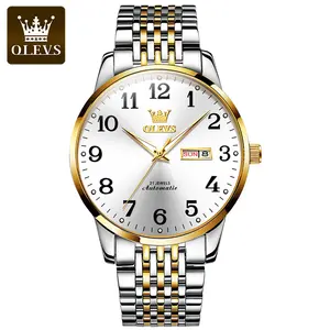 OLEVS 6666 unique golden gents mechanical watch stainless steel band water proof date display old business wrist watch