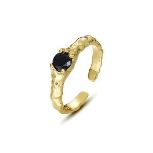 Joacii Factory 925 Sterling Silver Gold Plated Hammered Black Zircon Stone Cz Open Adjustable Ring
