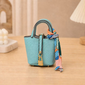 Luxury H-Style Mini Bucket Bag Charm, PU Leather Earphone Pouch & Coin Purse with Silk <b>Scarf</b>, Cute Keychain for Women - Product Image 6