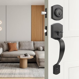 Ensemble de poignées de porte d'entrée noir mat, design français, avec serrure à cylindre unique, pour villa et hôtel - Product Image 5