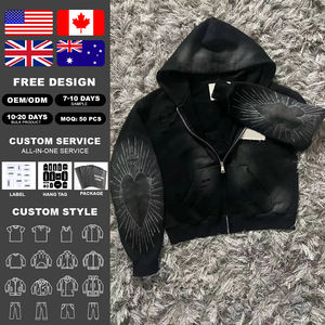 KINGSEN OEM Sweat à capuche zippé pour homme en molleton bouclette 100% coton de haute qualité, délavé à l'acide, brodé, patchwork, hiver, effet stonewashed, style Hip Hop - Product Image 1