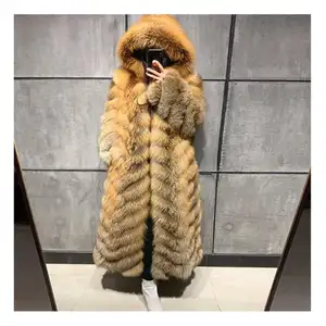 Benutzer definierte flauschige Jacke Dick Warmer Luxus Kapuze in voller Länge natürlichen echten Rotfuchs Pelzmantel für Frauen