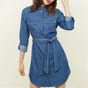 Col Décolleté Bleu Cravate Taille Léger Denim Chemise <span class=keywords><strong>Robe</strong></span> - Product Image 2