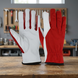 Gants de travail en cuir rouge et blanc avec paume antidérapante et poignet élastique, gants de sécurité polyvalents - Product Image 5