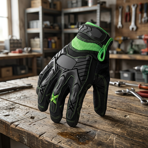 Gants anti-choc noirs et verts en PU avec texture micro-diamantée en relief, poignet élastique, protection anti-impact - Product Image 3