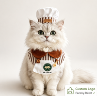 Mignon chapeau de chef réglable en polyester rayé pour chiens et chats avec bavoir anti-bave, accessoire de collier pour animaux de compagnie style barista décontracté