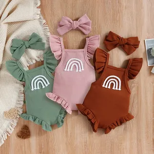 नवजात शिशु वफ़ल Romper फ्लाई आस्तीन वर्ग गर्दन इंद्रधनुष चिथड़े कपड़े के साथ Bowknot Hairband 2pcs बेबी लड़कियों के लिए ग्रीष्मकालीन सेट