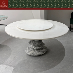 Mesa de Comedor Redonda de Mármol Blanco de Lujo GOLDKING con Vetas Grises, Tapa Giratoria y Pedestal de Piedra Natural Apilada, OEM ODM Directo - Product Image 3