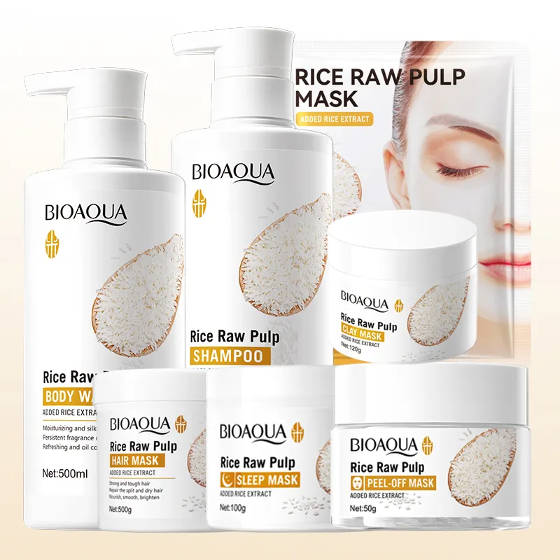 BIOAUQA neues Hautpflege-Set braune Reis-Gesichtsmaske Peeling aufhellend feuchtigkeitsspendendes Duschgel Bad-Haarmaske gesichts-Hautpflege-Kit