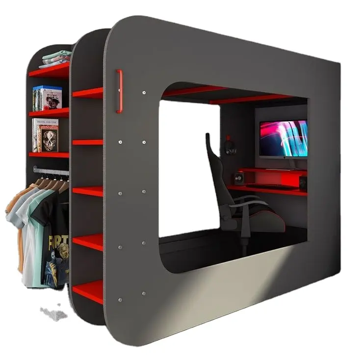 Hot kids gaming loft bed black teenage capsule bunk bed with gaming table design for children