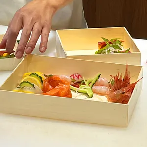 Caja de embalaje trapezoidal personalizada para sushi, caja de donas de madera con tapa