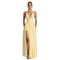 Robe longue d'été élégante à col halter en V profond, couleur unie, sans manches, avec fente, fronces et plis, sexy