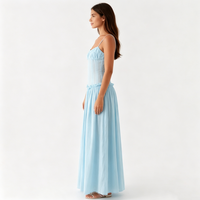 Robe longue bleu clair à fines bretelles, corsage transparent, ourlet à volants, élégante, pour l'été, la plage, les invitées de mariage, vêtements de mode féminine