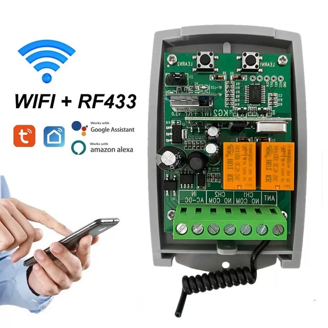 Tuya WiFi RF 433MHz Smart Switch Wireless Garage Sliding Door Gate Opener DC AC 12V 24V Remote Controller,Rolling Code Support