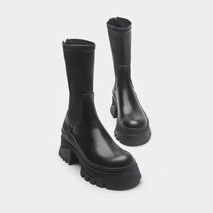 Botas De Platform Thick Sole Chunky Heel Black Leather Women's Midi <b>Boots</b> - Product Image 3
