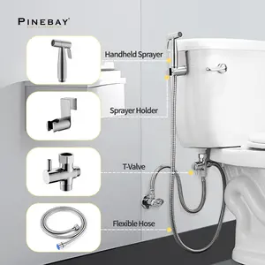 Pinbay Set Bidet baja tahan karat 304 nikel disikat & keran Bidet Toilet genggam & penyemprot tipe semprotan kamar mandi Horizontal
