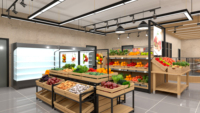 Gepolijste metalen fruit- en groentepresentatie rek met vernevelingssysteem voor specialisten in verse producten, geschikt voor foodhallen.