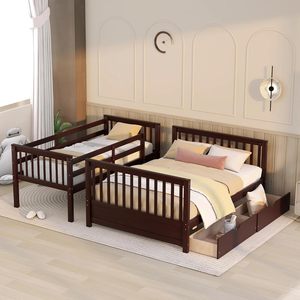 New Style Wooden Bunk <strong>Beds</strong> Convertible Espresso Color Twin Over Full Bunk <strong>Bed</strong> <strong>with</strong> 2 Storage Drawers - Product Image 3