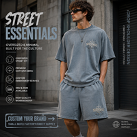 Conjunto de Camiseta y Pantalones Cortos Oversize para Hombre, Estilo Streetwear, Lavado, Algodón, Diseño Gráfico Personalizado, Proveedor OEM, Marca Privada, Venta al Por Mayor, Pedidos al Por Mayor