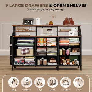 Cómoda para Dormitorio, 9 Cajones de Tela y 2 Estantes Abiertos para Armario, Cómoda con Bolsillo Lateral, Amplia Cajonera - Product Image 6