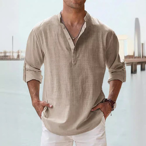 Fitspi <strong>Men</strong> Summer Cotton <strong>Shirt</strong> Casual Stand Collar Loose Fit <strong>Mens</strong> Solid Color <strong>Grandad</strong> <strong>Shirt</strong> Plus Size Tops In Stock - Product Image 5