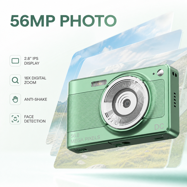 Fixed Focus 56MP Point & Shoot Vlog Digital Camera with 2.8 Inch 1080P Display Slim Pocket Go ABS Material FHD Video