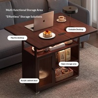 Table basse pliable nordique avec roulettes pour salon et petits appartements, design multifonctionnel, plateau en bambou et structure en bois
