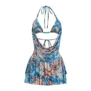 วิวิบลุค D26ST069 ชุดผู้หญิงฤดูร้อนใหม่พิมพ์ลายผูกเชือกแขนกุดเสื้อครอปแต่งระบายกระโปรงมินิชุดสองชิ้น - Product Image 6