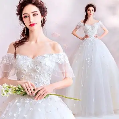 Modern Latest Custom-Made Boat Neck Short Sleeves Lace Up Back Floor-Length Ball Gown Lace Luxury White Wedding Dress Gowns