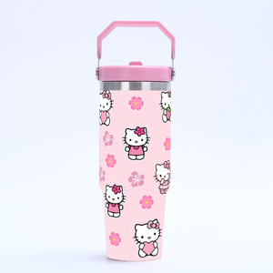 Bouteille d'eau isotherme en acier inoxydable Hello Kitty 30oz avec poignée et paille – Gobelet rose motif chaton – Vente en gros à prix abordable - Product Image 2