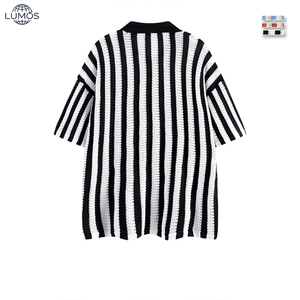 Cárdigan de punto transpirable de alta calidad para <span class=keywords><strong>hombre</strong></span>, con rayas, manga corta, cuello solapa, estilo polo, de una sola botonadura. - Product Image 3