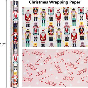 Papel de Regalo Navideño con Diseño de Cascanueces y Bastones de Caramelo, Reversible, 17 Pulgadas x 32.8 Pies, para Envolver Regalos y Manualidades - Product Image 5