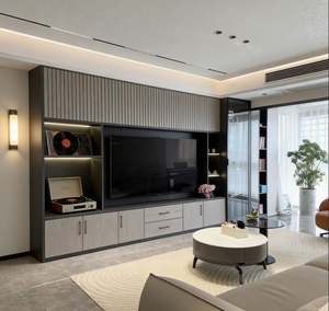 Grey and Black Combined TV Cabinet with LED Lighting Storage <b>Shelves</b> Striped Doors and Drawers for <b>Living</b> <b>Room</b> Furniture - Product Image 2