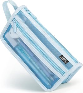 Estuche para lápices de doble capa transparente con cierre de cremallera y diseño de cuadrícula de cuatro compartimentos (rosa) - Ideal para viajes, uso en la oficina y la escuela para adultos - Product Image 3