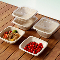 Bol à salade carré en bagasse de canne à sucre 16/24/32/42oz avec couvercle transparent en PET, compostable, biodégradable, de qualité alimentaire, pour plats à emporter