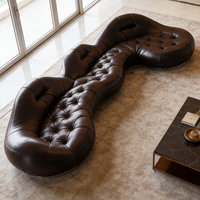 Modernes Luxus-Ledersofa mit Kurven, braun getuftet, Chesterfield-Ecksofa, große Wohnzimmermöbel, geschwungenes Designer-Sofa