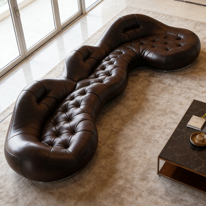 Canapé en cuir courbé de luxe moderne, capitonné, marron, Chesterfield, sectionnel, grand meuble de salon, canapé design sinusoïdal - Product Image 4