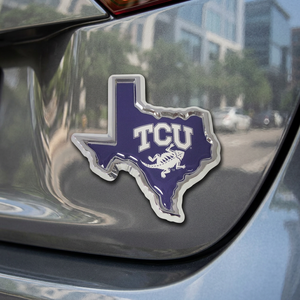 ตราสัญลักษณ์แฟนคลับหรูหราสีม่วงโครเมียมรูปทรง Texas ของ Hanwell TCU สำหรับติดตัวถังรถยนต์ ขนาด 3x3 นิ้ว ผลิตจากวัสดุ ABS แบบติดด้วยตัวเอง - Product Image 2