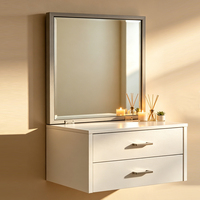 Table de Chevet Murale Moderne 2-en-1 avec Miroir Rabattable et 2 Tiroirs, Éclairage LED, pour Chambre et Salle de Bain - Vente en Gros Usine