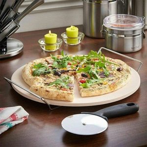 Plateau en céramique beige pour pizza, pierre réfractaire ronde de 32,5 cm avec support pour la cuisson au four - Product Image 6