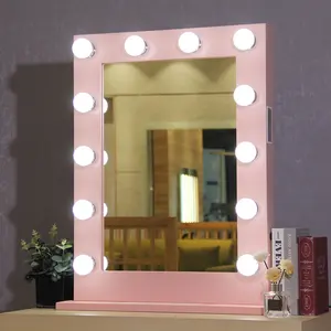 性能优越桌面粉色圆形化妆镜LED照明化妆智能好莱坞镜