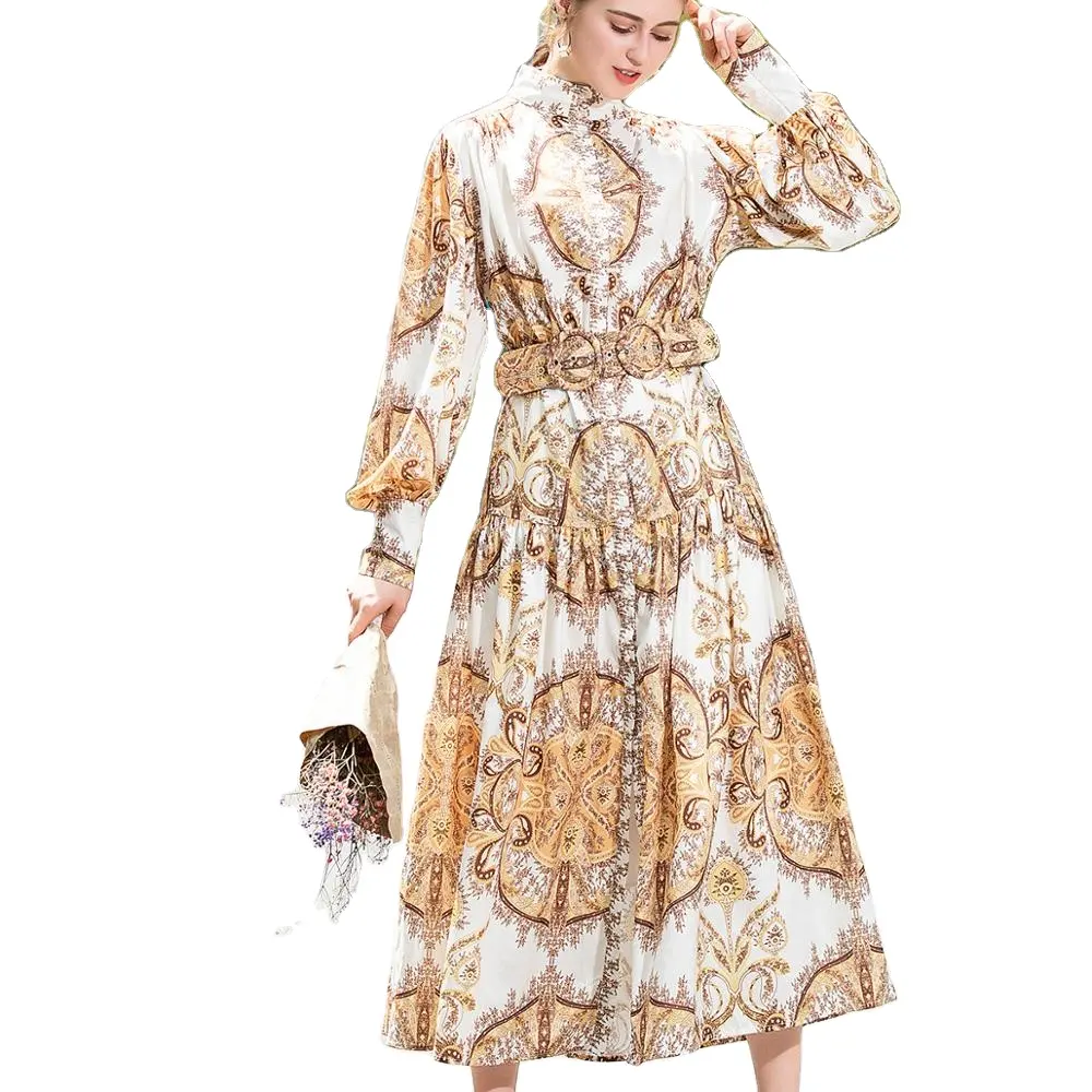 Nanchang Auyan 인과 옐로우 골드 인쇄 랜턴 슬리브 휴가 휴가 드레스 여성 캐주얼 의류 드레스