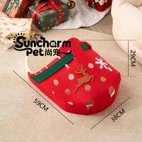 Lit pour chat moderne en laine style Noël, 2 en 1, en forme de chaussure avec griffoir, tanière douce en feutre et patch Père Noël