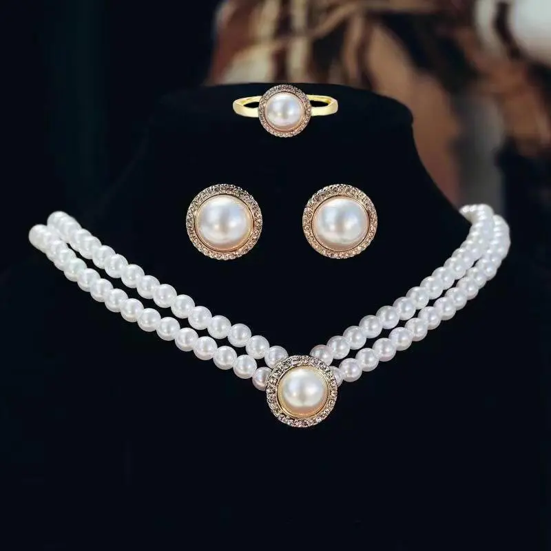 Huaxin Set Schmuck Vintage Perle Doppel Schlüsselbein Kette Flash Diamond Runde Perle Ohrring Halskette 3 Piercing Set