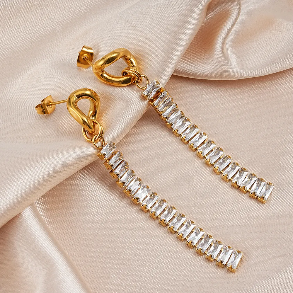 Fashion Jewelry Women Diamond Long Tennis Chain 18k Gold Plating Stainless Steel Zircon Drop Earrings