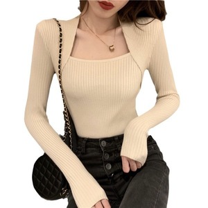 Women's Knitted Sweater Top Square Neck Long Sleeve Burgundy Solid Color Thin Fit For Spring Autumn Winter - Product Image 5