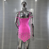 Robe moulante mini pour femme à fines bretelles, style bandage, avec strass et franges, idéale pour anniversaire, club, soirée