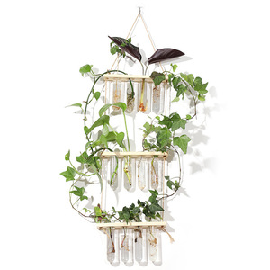 3 Layer Bamboo Hydroponic Wall Planter With Glass Test Tubes For Green Plants Indoor Decoration - Product Image 1