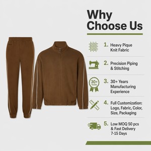 Ensemble de survêtement décontracté 2 pièces pour homme, personnalisé, avec veste zippée intégrale à col montant en maille texturée marron, et pantalon de jogging à cordon de serrage avec passepoil contrastant, en tissu gaufré, OEM - Product Image 6